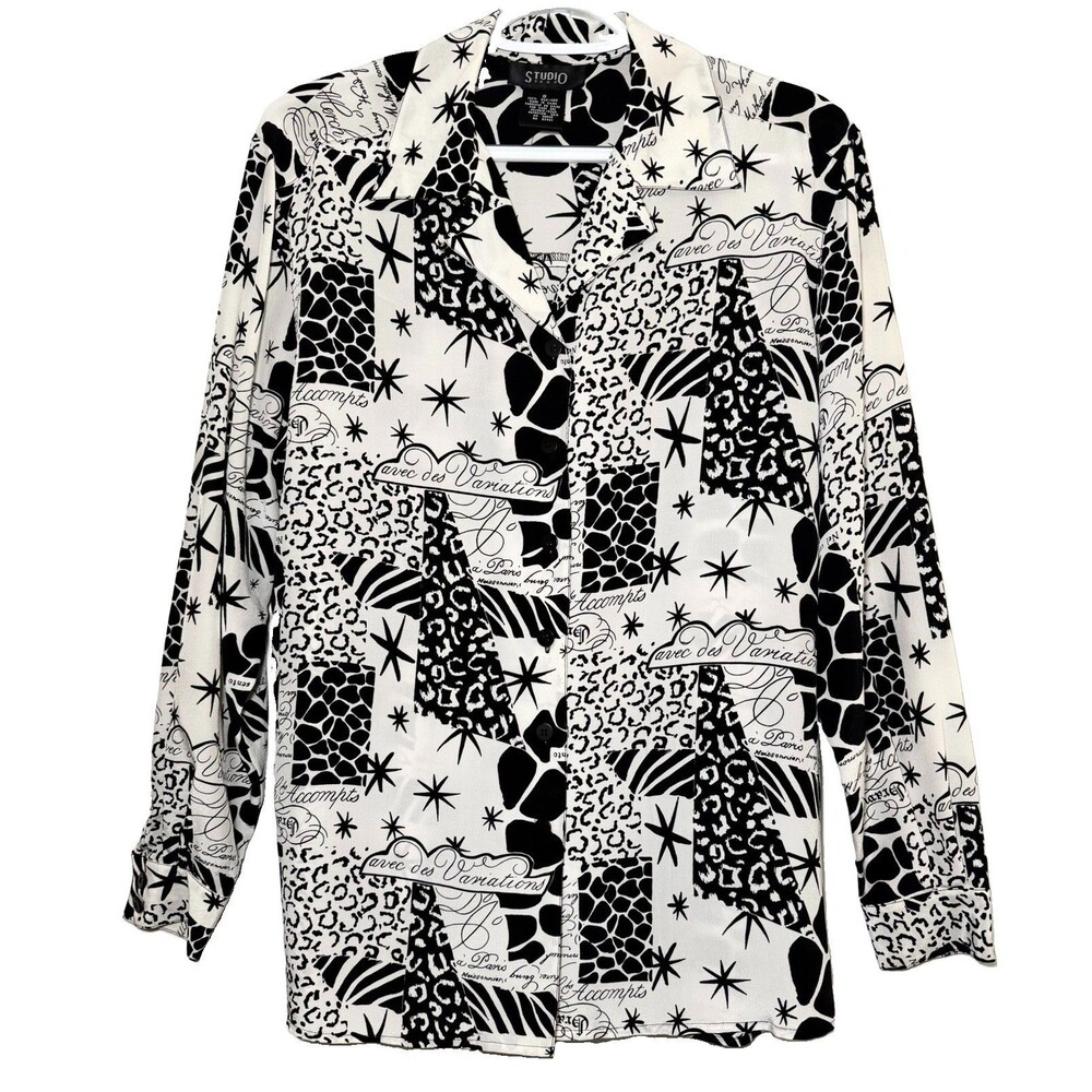 Vintage Studio 3000 Silk Blouse Small Black White Abstract Print Y2K